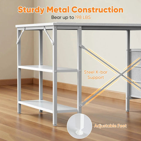 White L Shaped Desk With Shelf Drawers 47 Inch Corner Computer Desk For Gaming And Study With Power Outlet And Adjustable Shelves, metal frame and adjustable feet detail.