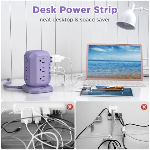 Purple 16 In 1 Power Strip Tower With 12 AC Outlets And 4 USB Ports 10 Ft Extension Cord on desk with laptop and lamp