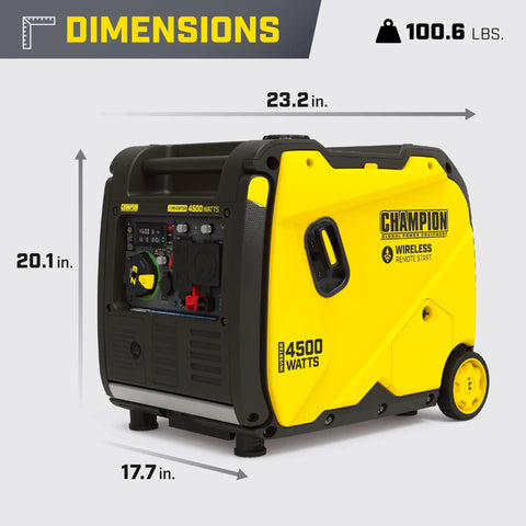 Portable 4500-Watt Inverter Generator With Wireless Remote Start And Quiet Technology dimensions: 23.2x20.1x17.7 inches, 100.6 lbs