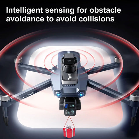Beefy Payload Drone With 0.66 Lb Capacity in flight, demonstrating 4 way obstacle avoidance feature, gift package hanging below.