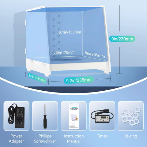 Dope Resin UV Curing Box Plus with 405nm UV LEDs, parts displayed include power adapter, Philips screwdriver, and timer