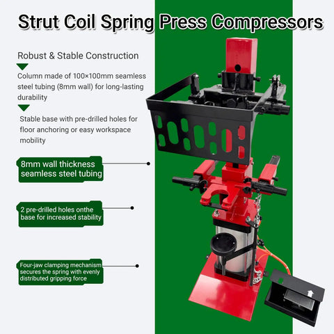 Heavy Duty Pneumatic Strut Compressor Badass Floor Setup Air Driven Shock Spring Remover 5511 Lbs with steel tube and stable base.