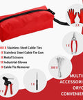 Heavy Duty Zip Tie Gun Kit With 300 Stainless Steel Zip Ties, storage bag, gloves, scissors, cable tie gun, and remover shown