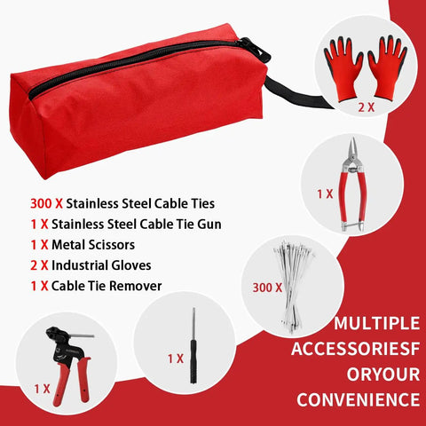 Heavy Duty Zip Tie Gun Kit With 300 Stainless Steel Zip Ties, storage bag, gloves, scissors, cable tie gun, and remover shown