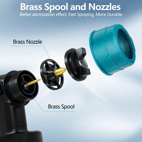 Brass nozzle and spool components of Boss Level Cordless Paint Sprayer Built Tough For Makita 18V Batteries 1000Ml Hvlp Tank.
