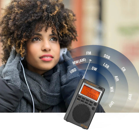 Grab And Go Portable Shortwave Radio With SSB And Full Band Coverage AM FM SW CB VHF UHF WX AIR NOAA Weather Alerts shown beside a woman with earphones.
