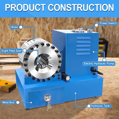 Heavy Duty Electric Hydraulic Hose Crimper Machine With 8 Dies Perfect For Automotive AC And Excavators Crimping Tool For High Pressure Lines Up To One Inch Portable And Versatile Blue Power, showcasing product construction details.