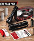 Ultra Bright LED Flashlight Kit S1050 Two Pack With Adjustable Zoom And 3 Modes displayed with packaging and accessories