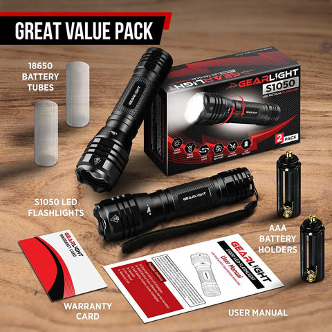 Ultra Bright LED Flashlight Kit S1050 Two Pack With Adjustable Zoom And 3 Modes displayed with packaging and accessories