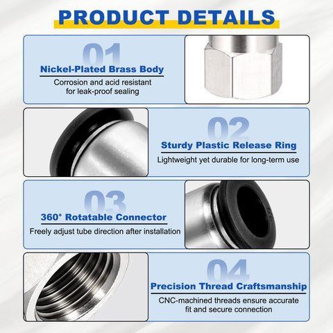 10 Pack Push To Connect Fittings For 5/32 Inch Tube To 1/4 NPT Nickel Plated Brass with detailed parts description