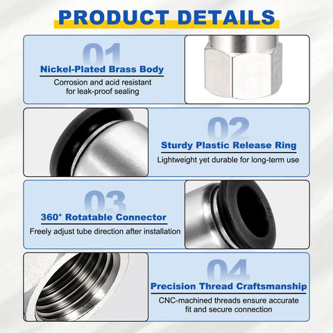 Product details of Two Pack Push To Connect Fittings For Pneumatic Systems Nickel Plated Brass Straight Female Adapter One Eighth NPT Thread Fits 0.24 Inch Outer Diameter Tubing 6 mm Air Line Quick Connect Black; features include nickel-plated brass body, plastic release ring, 360° rotatable connector, and precision thread craftsmanship.