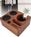 Solid Built 58mm Wooden Coffee Tamper Station With Adjustable Portafilter Holder And Catch Pan, walnut finish with black non-slip pad.