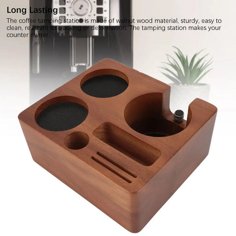 Solid Built 58mm Wooden Coffee Tamper Station With Adjustable Portafilter Holder And Catch Pan, walnut finish with black non-slip pad.