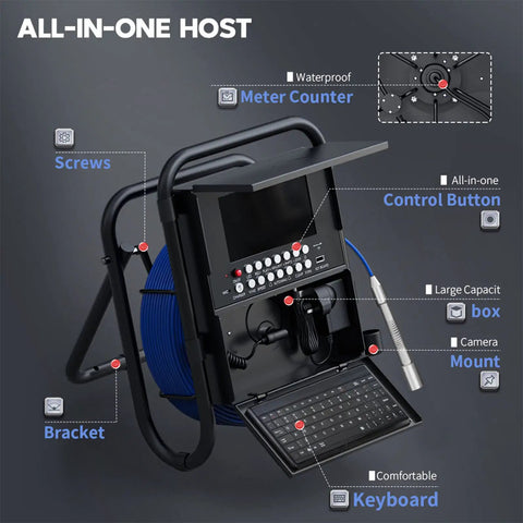 Heavy Duty 7 Inch Pipeline Inspection Camera With 20 To 50 Meter Cable DVR Sewer Scope Industrial Borescope Video System displaying control buttons and screen.