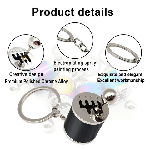 Dope 6 Speed Manual Shift Gear Keychain Solid Polished Metal Mini Transmission Knob Key Ring For Daily Cruises Cars Trucks And Hot Rods Black Style close-up with black chrome design and keychain attachment.