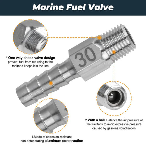 Anti Siphon Fuel Line Valve For Boats And Marine Fuel Tanks With Hose Barb Aluminum Fitting To Prevent Siphoning And Leak Prevention On Boat Engines Cars Caravans Ships And Gas Tanks showing check valve design and aluminum body.