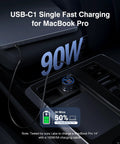 Image of Two Pack 90W USB C Car Charger With Four Independent Power Ports Blazing Fast Cigarette Lighter Adapter in use with MacBook Pro.