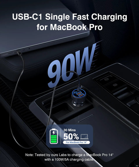 Image of Two Pack 90W USB C Car Charger With Four Independent Power Ports Blazing Fast Cigarette Lighter Adapter in use with MacBook Pro.