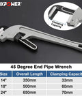 Heavy Duty 18 Inch Offset Pipe Wrench With 45 Degree Angled End For Tight Plumber Jobs Aluminum Lightweight Construction Clamping Up To 60mm Ideal For Close To Wall Piping And Parallel Work displayed on black background with size chart