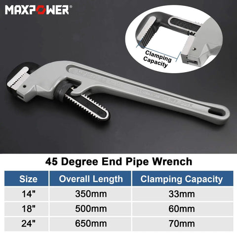 Heavy Duty 18 Inch Offset Pipe Wrench With 45 Degree Angled End For Tight Plumber Jobs Aluminum Lightweight Construction Clamping Up To 60mm Ideal For Close To Wall Piping And Parallel Work displayed on black background with size chart
