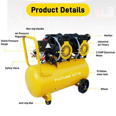 15 Gallon Portable Air Compressor With 3.7 HP Motor And 115 PSI Max Pressure. This Industrial Grade Unit Delivers 6 CFM Airflow For Dual Outlet Use, Featuring An Oil Lubricated System And Tough Build For Tough Jobs Around The Shop Or Garage