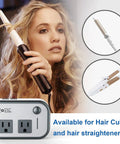 Travel Voltage Converter 220V To 110V With 4 USB Ports And Worldwide Plug Kit for Hair Straighteners and Curling Irons shown in use