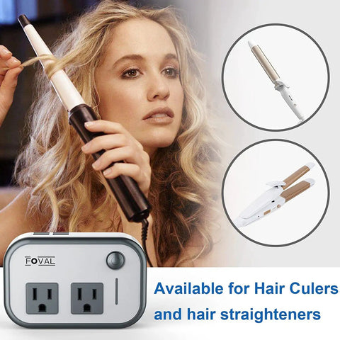 Travel Voltage Converter 220V To 110V With 4 USB Ports And Worldwide Plug Kit for Hair Straighteners and Curling Irons shown in use