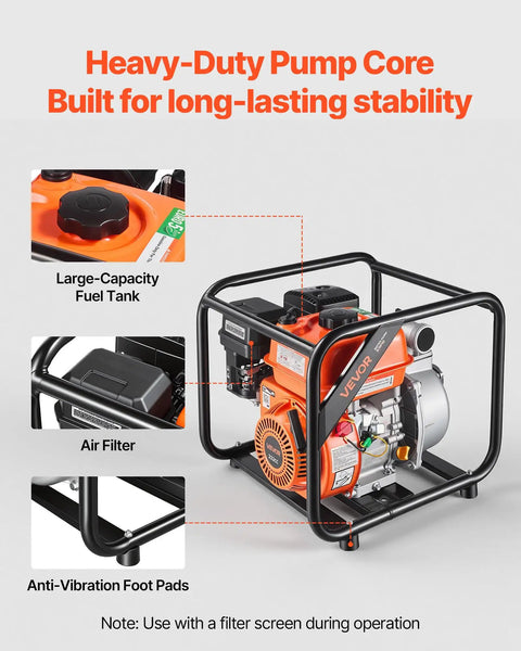 Heavy Duty Gas Powered Water Pump 2 Inch 142 GPM 7HP Portable Semi Trash Pump features a large-capacity fuel tank and air filter.