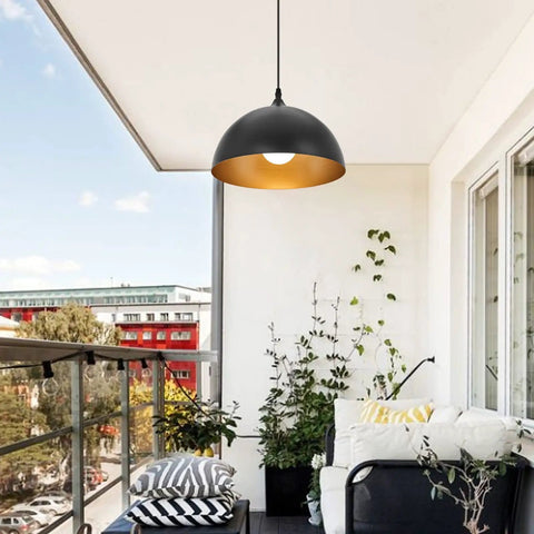 Industrial Pendant Lights 11.8 Inch Black Dome Fixtures With Adjustable Vintage Hanging Lamps over modern white balcony.