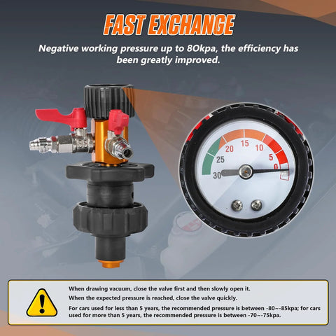 Front view of coolant vacuum refill kit with pressure gauge; orange metal body, red lever valves, black cap