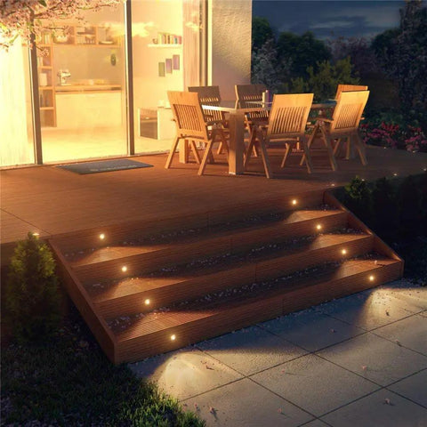 6 Pack Recessed LED Deck Light Kit Upgrade Version Waterproof IP67 Low Voltage Outdoor Lights illuminating wooden garden steps.