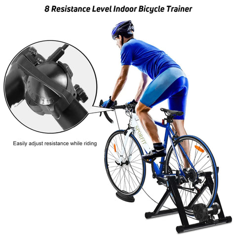 Cyclist using Indoor Bike Trainer Stand With Eight Level Magnetic Resistance For 26 To 28 Inch Wheels Quiet Ride