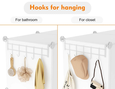 Hooks on 12 Cube Closet Organizer System For Easy Home Storage showcasing bathroom and closet use with hanging items.