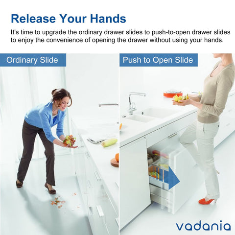 Comparison of ordinary slide and Push To Open 24 Inch Drawer Slide, 3-Fold Full Extension, Heavy Duty 100lb Load Capacity For Handleless Cabinets