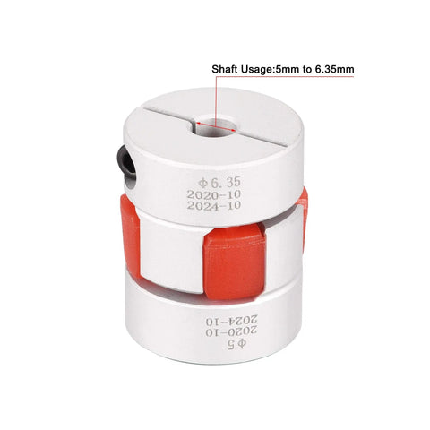 5mm To 6.35mm Bore Flexible Jaw Coupler For Servo Motors, L31xD25 Shaft Joint, shown in aluminum alloy with red flexible insert