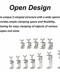 Front view of multiple Begot 304 stainless steel C-clamps with wide jaws and wing bolts