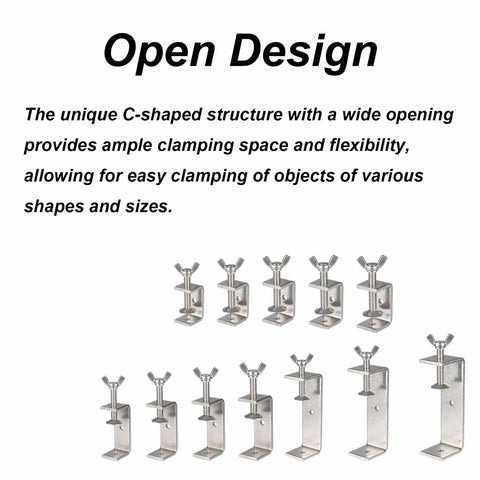 Front view of multiple Begot 304 stainless steel C-clamps with wide jaws and wing bolts