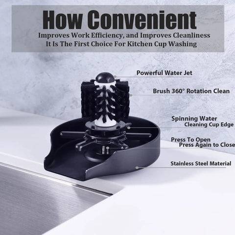 Matte Black Glass Rinser For Kitchen Sink With Automatic Cup Washer And Brush, Stainless Steel Faucet Rinsing Device.