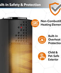 Ceramic Oscillating Tower Space Heater With Built In Thermostat And Two Heat Settings Energy Efficient Tiny But Mighty Portable 1500W Unit Delivers Even Heating Quiet Operation Wide Oscillation Desk Or Home Use Black with safety features shown.