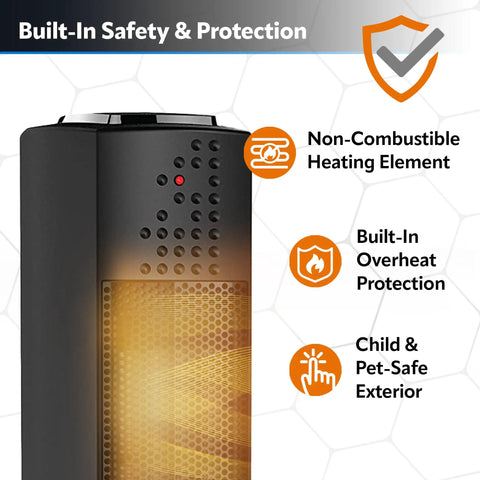 Ceramic Oscillating Tower Space Heater With Built In Thermostat And Two Heat Settings Energy Efficient Tiny But Mighty Portable 1500W Unit Delivers Even Heating Quiet Operation Wide Oscillation Desk Or Home Use Black with safety features shown.