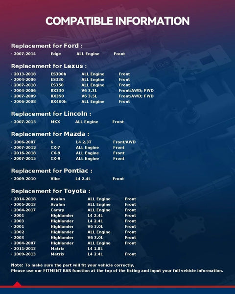 List of vehicle compatibility for front wheel bearing models, including Ford, Lexus, Mazda, Pontiac, Toyota.