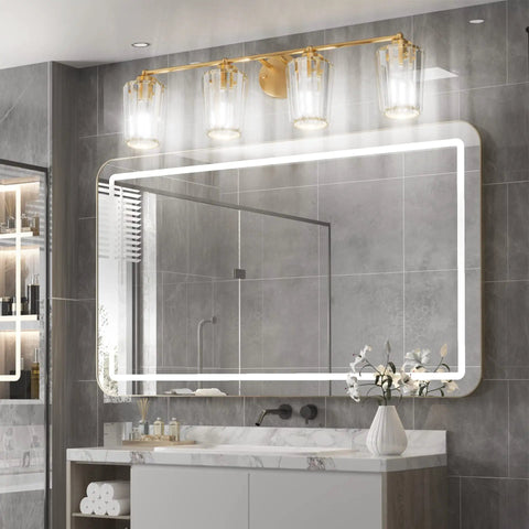 Gold Crystal Vanity Light For Bathroom, Four Light Modern Fixture With Dimmable E26 Socket, installed above a mirror.