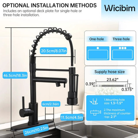 Top Shelf Matte Black Kitchen Faucet With Pull Down Sprayer Featuring Killer Dual Spray Functions And Lead Free Nsf Certified Build Perfect For Farmhouse Rv Camper Laundry Sinks With Smooth Flow Aerators dimensions and installation options shown.