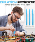 Pro Grade Precision Screwdriver Set Four Piece Ceramic Handle Tools Slotted Flat Tips Non Conductive For Electronics Watch Repair Circuit Adjustment Dead Nuts Secure Fit Guaranteed, used by a technician on a circuit board.