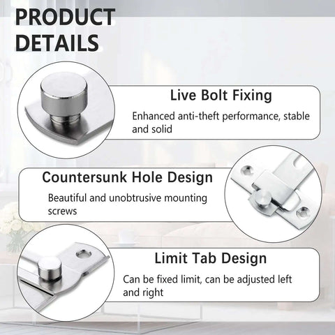 Product details of 3 Pack Barn Door Lock Kit Stainless Steel Gate Flip Latch featuring live bolt fixing, countersunk hole, limit tab design.