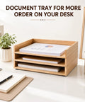 3 Pack Stackable Wood Letter Trays for A4 Paper Documents on a tidy office desk with plants and stationery