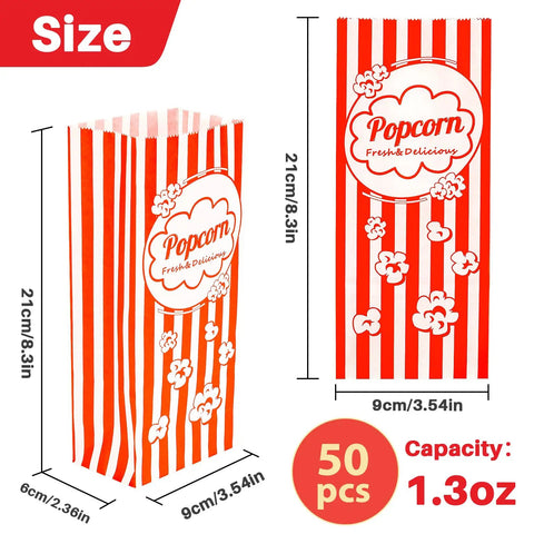 Flat Bottom Popcorn Bags 50 Pack With Individual Servings For Movie Night, Parties, Carnivals, And Halloween, red striped 21x9 cm