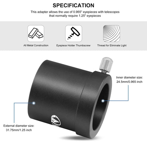 1.25 Inch to 0.965 Inch Eyepiece Adapter for 24.5mm to 31.7mm Telescopes, black aluminum with thumbscrew, size marked