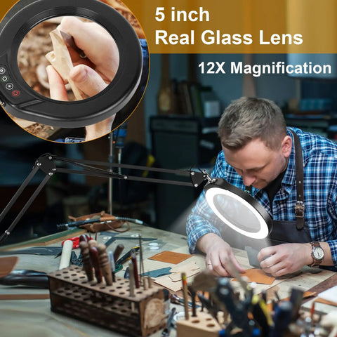 Person using Large 5 Inch Magnifying Glass With Light And Stand For Close Work And Soldering at a workbench, showing 12X LED magnifier in use.
