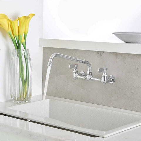 Wall Mount Kitchen Faucet With 12 Inch Gooseneck Swivel Spout 8-Inch Center Two-Handle Commercial Sink Mixer In Polished Chrome